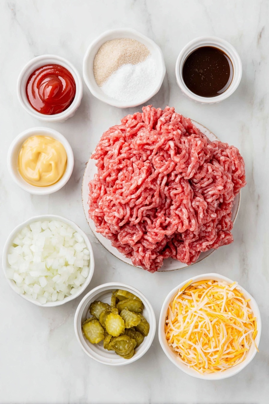 Flat lay of a mound of fresh raw ground beef, a small white ceramic bowl of finely diced white onion, a small white bowl of bright red ketchup, a small white bowl of smooth yellow mustard, a small white bowl of dark brown Worcestershire sauce, a small white bowl of fine white garlic powder, a small white bowl of light beige onion powder, a pinch of coarse kosher salt and freshly cracked black pepper beside it, a small pile of shredded orange cheddar cheese, a small white bowl filled with finely chopped green dill pickles, a neat stack of translucent spring roll wrappers, a small white bowl with a smooth pale beige flour and water paste, all arranged symmetrically in perfect balance on a clean white marble surface, soft natural light, photo taken with an iPhone, professional food photography style, fresh ingredients, white ceramic bowls, no bottles, no duplicates, no utensils, no packaging --ar 2:3 --v 7 --p m7354615311229779997