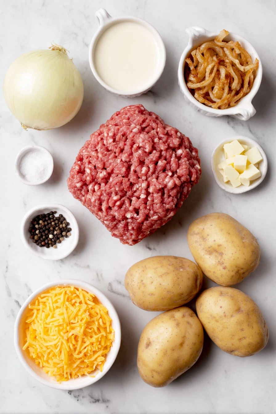 Flat lay of a mound of fresh raw ground beef, a small mound of coarse sea salt crystals, a small heap of whole black peppercorns, half a large yellow onion diced finely, a small pile of diced red bell pepper, a small pile of diced green bell pepper, whole russet potatoes with one sliced thin, a small white ceramic bowl filled with creamy evaporated milk, a small white ceramic bowl containing smooth cream of mushroom soup, a small white ceramic bowl holding thick cream of chicken soup, a small white ceramic bowl heaped with shredded bright orange cheddar cheese, and a small white ceramic bowl filled with golden crispy fried onions, all arranged with perfect symmetry on a clean white marble surface, soft natural light, photo taken with an iPhone, professional food photography style, fresh ingredients, white ceramic bowls, no bottles, no duplicates, no utensils, no packaging --ar 2:3 --v 7 --p m7354615311229779997