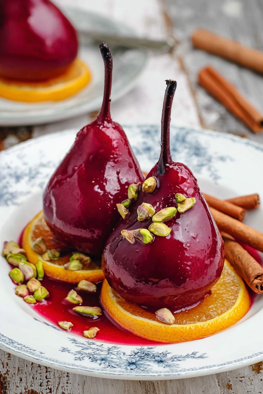 A top view of a round silver pot with a handle, filled with dark purple liquid that looks like a syrup or sauce. Inside the liquid, there are five large pale pink and yellow pear halves evenly spaced, partially submerged. The dark sauce has a shiny, slightly thick texture and contains some small, darker chunks spread throughout. The pot sits on a white marbled surface. photo taken with an iphone --ar 2:3 --v 7