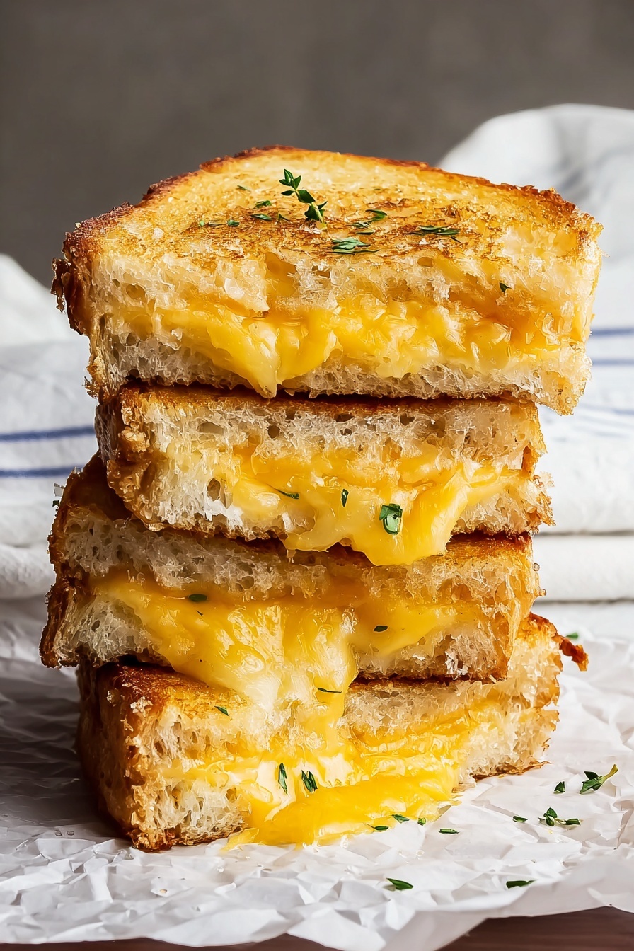 A stack of four grilled cheese sandwich halves is shown, each with two golden brown toasted bread slices and melted yellow cheese oozing from the middle. The top sandwich half has small green herb sprinkles on its crisp surface. The sandwiches are placed on crumpled white paper over a white marbled surface, with a folded white cloth with blue stripes in the background. The melted cheese is visible between each layer, and some cheese spills out slightly from the edges. Photo taken with an iphone --ar 2:3 --v 7