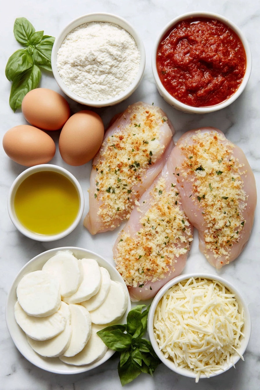 Flat lay of fresh raw chicken breasts sliced in half lengthwise to six cutlets, a small white ceramic bowl of all-purpose flour, three whole uncracked brown eggs, a small white ceramic bowl of golden olive oil, a simple white ceramic dish with mixed golden breadcrumbs blended with shredded pale yellow parmesan cheese and Italian herb blend, a small white ceramic bowl of bright red marinara sauce, six slices of fresh white mozzarella cheese arranged neatly, a small white ceramic bowl with finely shredded pale yellow parmesan cheese, and a few sprigs of fresh green basil leaves, all ingredients fresh and natural, perfectly arranged with balanced proportions and symmetry, placed on a clean white marble surface, soft natural light, photo taken with an iPhone, professional food photography style, fresh ingredients, white ceramic bowls, no bottles, no duplicates, no utensils, no packaging --ar 2:3 --v 7 --p m7354615311229779997