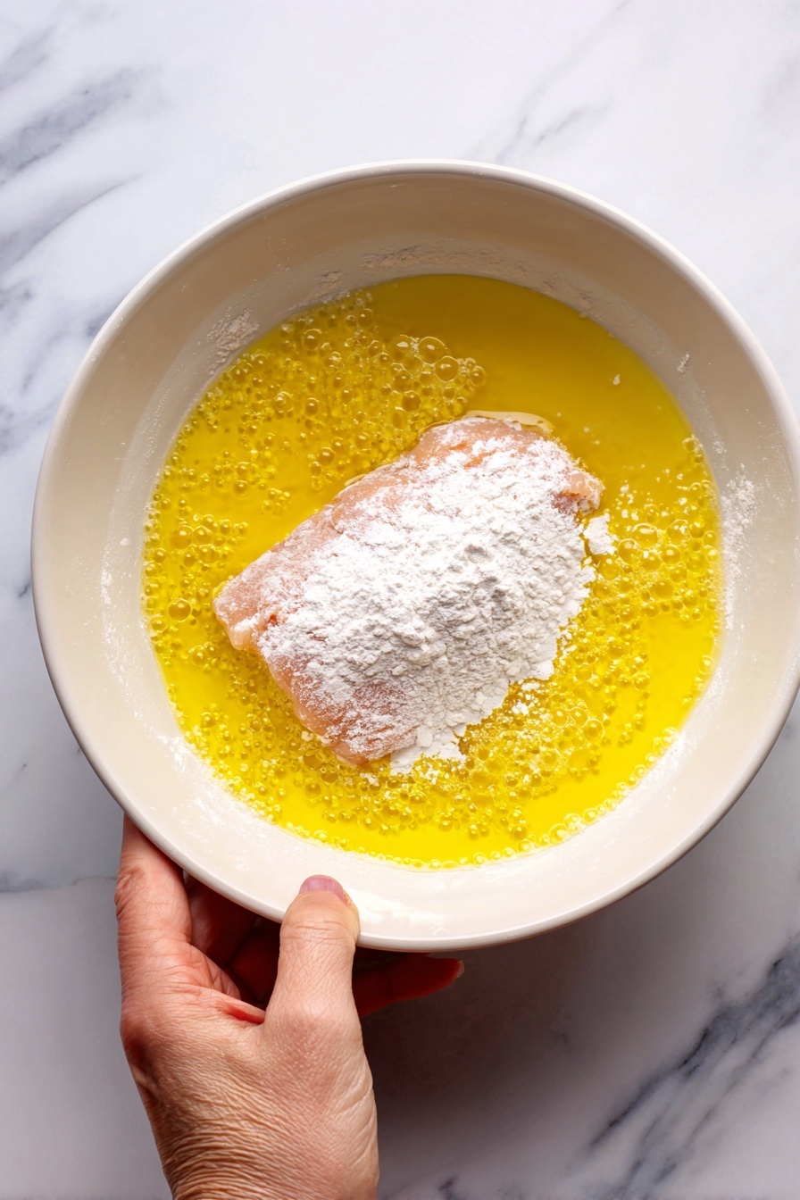 This image shows a white baking dish filled with several pieces of layered chicken parmesan. Each piece has a base layer of crispy golden-brown breaded chicken, topped with a thick layer of bright red marinara sauce with a slightly chunky texture. On top of the sauce is a layer of melted, bubbly, light golden mozzarella cheese mixed with sprinklings of white parmesan. Small bits of fresh, chopped dark green basil are scattered across the top, with a whole basil leaf placed on the chicken in the foreground. The background is a white marbled surface, and a metal spatula lifts one piece from the dish. Photo taken with an iphone --ar 2:3 --v 7