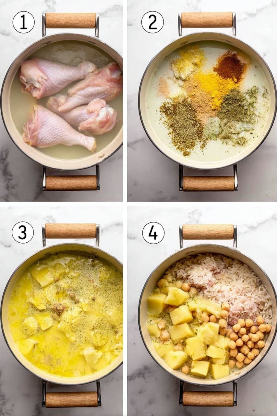 The image shows a white bowl filled with a thick yellow stew containing a golden brown chicken drumstick on top, mixed with yellow rice, chickpeas, and chunks of potato. The stew is garnished with small pieces of green herbs scattered over the dish. The bowl is placed on a wooden board with a white marbled surface underneath. Around the bowl, there are light brown puffed breads and small white bowls filled with green leafy herbs, adding color contrast. photo taken with an iphone --ar 2:3 --v 7