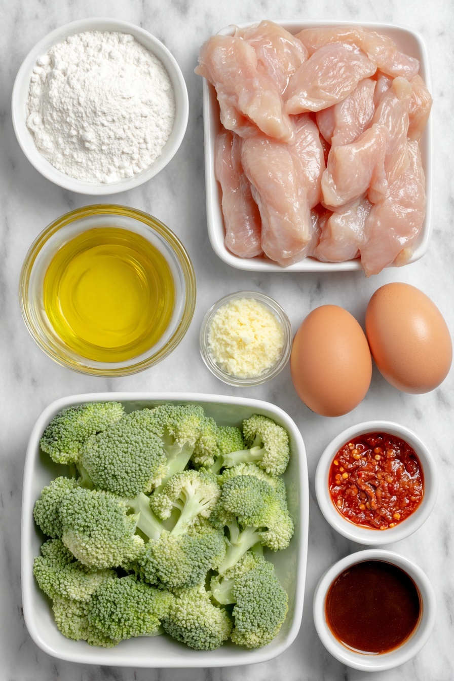 Flat lay of fresh boneless skinless chicken breast strips arranged neatly, a small pile of fine white cornstarch powder on a white ceramic plate, a whole large red bell pepper sliced into thin strips, bright green broccoli florets clustered on a white dish, two whole uncracked brown eggs with clean shells, a small white bowl of golden vegetable oil, a small white bowl filled with clear vegetable broth, a small white bowl with amber honey glistening, a small white bowl of dark soy sauce, a small white bowl holding vibrant red chili paste, a small white bowl containing finely minced fresh garlic, a small white bowl with freshly grated pale yellow ginger, placed on a clean white marble surface, soft natural light, photo taken with an iPhone, professional food photography style, fresh ingredients, white ceramic bowls, no bottles, no duplicates, no utensils, no packaging --ar 2:3 --v 7 --p m7354615311229779997