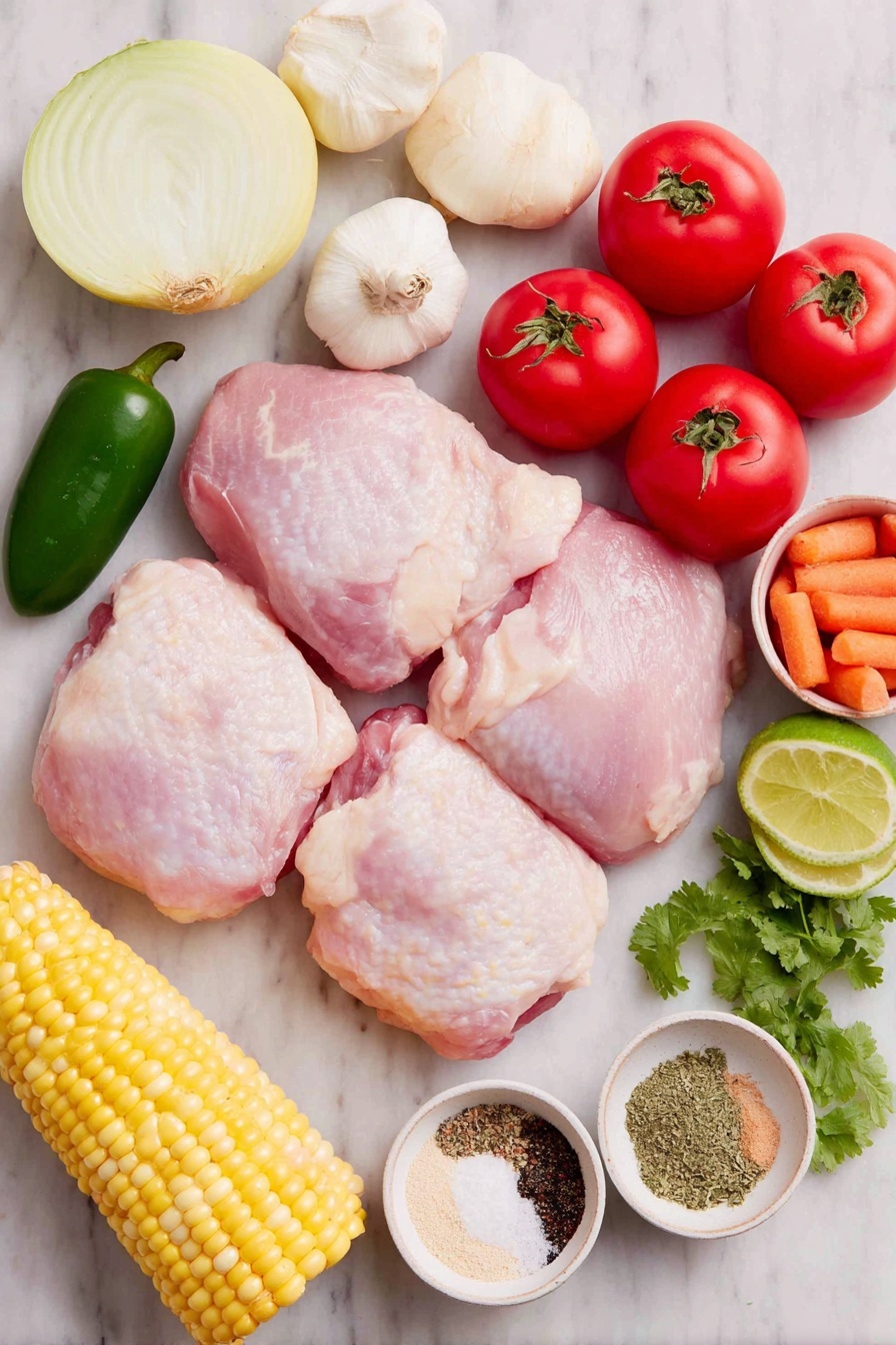 Flat lay of six boneless skinless chicken thighs with smooth pale pink skin, one medium yellow onion quartered to show fresh layers, one halved green jalapeño pepper with seeds removed, four whole white garlic cloves, three vibrant red Roma tomatoes, three medium orange carrots chopped into rounds, three light green celery ribs chopped, three ears of bright yellow corn cut in half with silk threads visible, two large peeled russet potatoes chopped into chunks, small white ceramic bowls containing fine white salt, black peppercorns, light brown chicken bouillon powder, and dried oregano, plus fresh sprigs of green cilantro and two partially sliced bright green limes arranged neatly, all placed on a clean white marble surface, soft natural light, photo taken with an iPhone, professional food photography style, fresh ingredients, white ceramic bowls, no bottles, no duplicates, no utensils, no packaging --ar 2:3 --v 7 --p m7354615311229779997