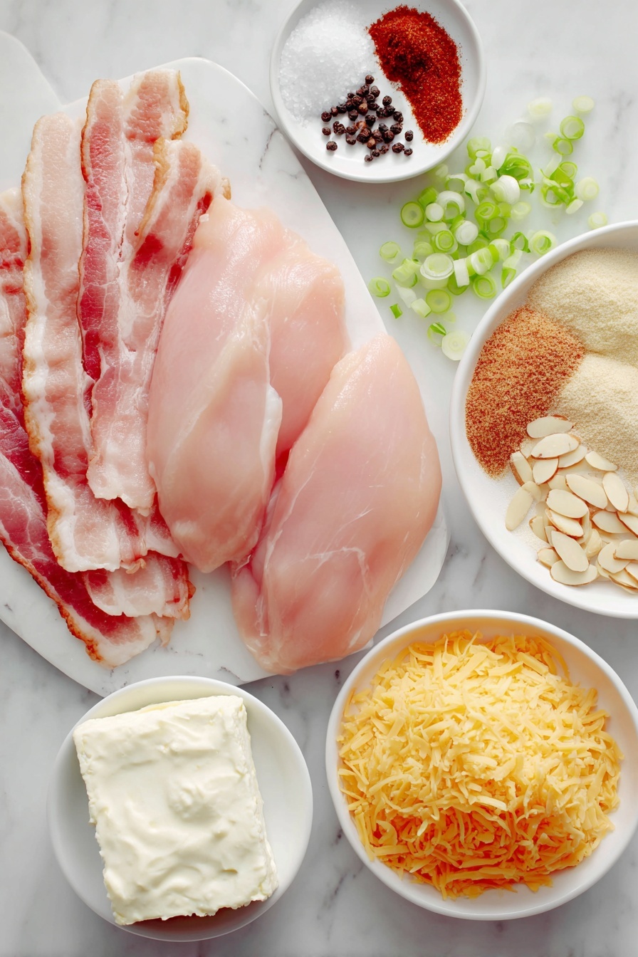 Flat lay of crispy strips of raw bacon, four plump boneless skinless chicken breasts with smooth pale pink flesh, a small mound of coarse salt crystals, a tiny pile of black peppercorns, a small heap of vibrant red paprika powder, a softened block of cream cheese with creamy texture, a small white bowl filled with thick sour cream, a small pile of shredded bright orange cheddar cheese, a small heap of fine garlic powder, a small heap of pale beige onion powder, a small cluster of fresh sliced green onions with bright green and white rings, a small pile of pale slivered almonds on a simple white ceramic surface placed on a clean white marble surface, soft natural light, photo taken with an iPhone, professional food photography style, fresh ingredients, white ceramic bowls, no bottles, no duplicates, no utensils, no packaging --ar 2:3 --v 7 --p m7354615311229779997