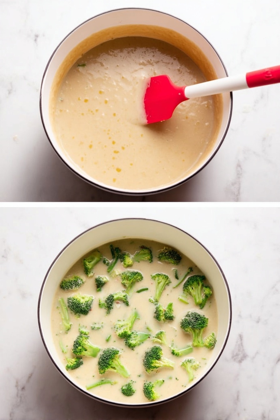 A white plate on a white marbled surface holds a single cooked chicken piece covered in creamy yellow sauce with black pepper specks, small green broccoli florets, and small bits of browned bacon on top. To the side is half a baked potato with a yellow-orange filling sprinkled with small bacon bits. The sauce pools around the chicken and part of the broccoli, giving a shiny, smooth texture. photo taken with an iphone --ar 2:3 --v 7