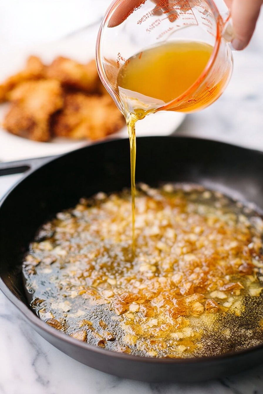 A white plate with a black and white checkered paper liner holds two pieces of cooked chicken with a golden brown, slightly crispy skin, topped with small bits of herbs. The chicken is covered with a light tan creamy sauce that pools slightly on the plate below. On the left side of the plate, a white bowl is filled with light brown cooked rice mixed with wild rice grains. A few scattered pieces of rice and green herbs are visible between the bowl and chicken. The photo is taken with an iphone --ar 2:3 --v 7