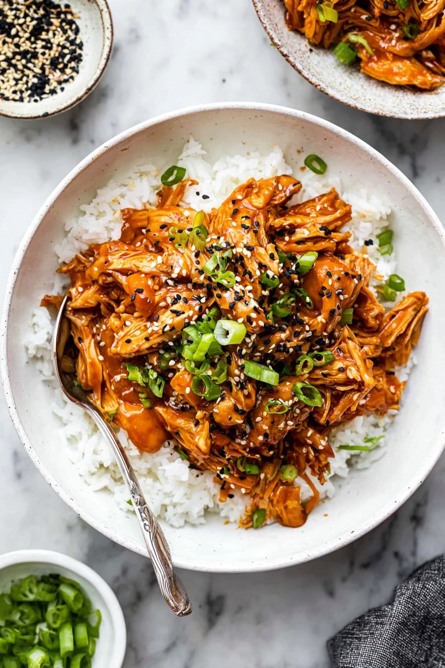 A white slow cooker holds three large pieces of raw chicken placed side by side at the bottom, showing light pink and smooth textures. A woman's hand is pouring a brown sauce mixed with small diced white onions and minced garlic from a clear glass bowl onto the chicken. The sauce glistens with a mix of dark and light brown colors and small onion bits floating. The cooker is set on a white marbled surface, which adds soft gray veins to the background. Photo taken with an iphone --ar 2:3 --v 7