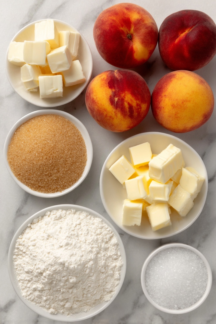 Flat lay of a crisp pile of all-purpose flour in a small mound, a teaspoon of fine salt beside it, cubes of cold unsalted butter with sharp edges, a few large ripe peaches with warm golden-orange skin and a blush of red, two small white ceramic bowls—one holding packed light brown sugar with a sandy texture, the other granulated white sugar shimmering softly, a shallow white bowl filled with pale all-purpose flour, a tiny pinch of fine salt arranged neatly, a small heap of golden ground cinnamon powder, a few small cubes of cold butter, one large whole uncracked egg with a smooth clean shell, and a small white bowl with coarse sparkling sugar crystals — all perfectly spaced and balanced, placed on a clean white marble surface, soft natural light, photo taken with an iPhone, professional food photography style, fresh ingredients, white ceramic bowls, no bottles, no duplicates, no utensils, no packaging --ar 2:3 --v 7 --p m7354615311229779997