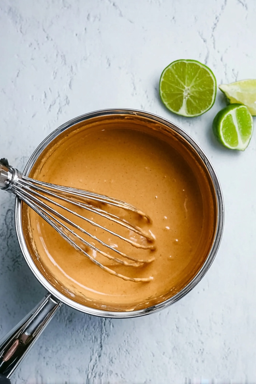 Four wooden skewers hold grilled pieces of golden-yellow chicken with dark char marks on a white plate. The chicken is covered with a smooth brown sauce and garnished with bright green cilantro leaves. Around the chicken, there are fresh green lime wedges positioned at the corners of the plate. The plate sits on a white marbled surface. The image is clear and close-up, showing the texture of the grilled chicken and sauce. Photo taken with an iphone --ar 2:3 --v 7