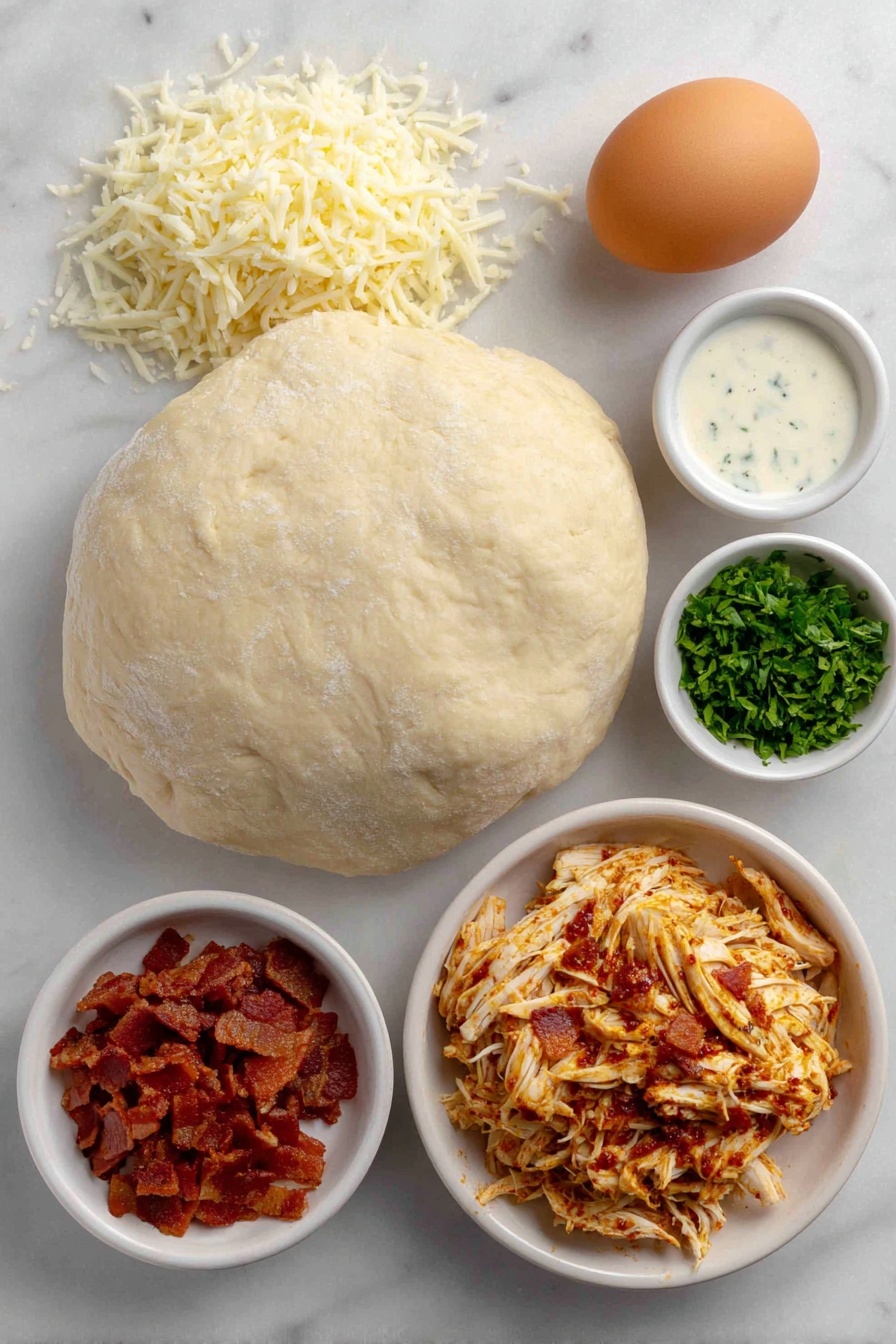 Flat lay of a rolled out ball of smooth golden pizza dough, a neat pile of shredded white mozzarella cheese, a small white bowl of creamy ranch dressing, tender shredded rotisserie chicken with golden-brown edges, crispy chopped bacon pieces with a reddish crisp texture, a single large whole brown egg with a clean shell, a small white bowl of finely chopped fresh green parsley, a small white bowl containing pale ranch seasoning powder, all arranged symmetrically on simple white ceramic dishes placed on a clean white marble surface, soft natural light, photo taken with an iPhone, professional food photography style, fresh ingredients, white ceramic bowls, no bottles, no duplicates, no utensils, no packaging --ar 2:3 --v 7 --p m7354615311229779997