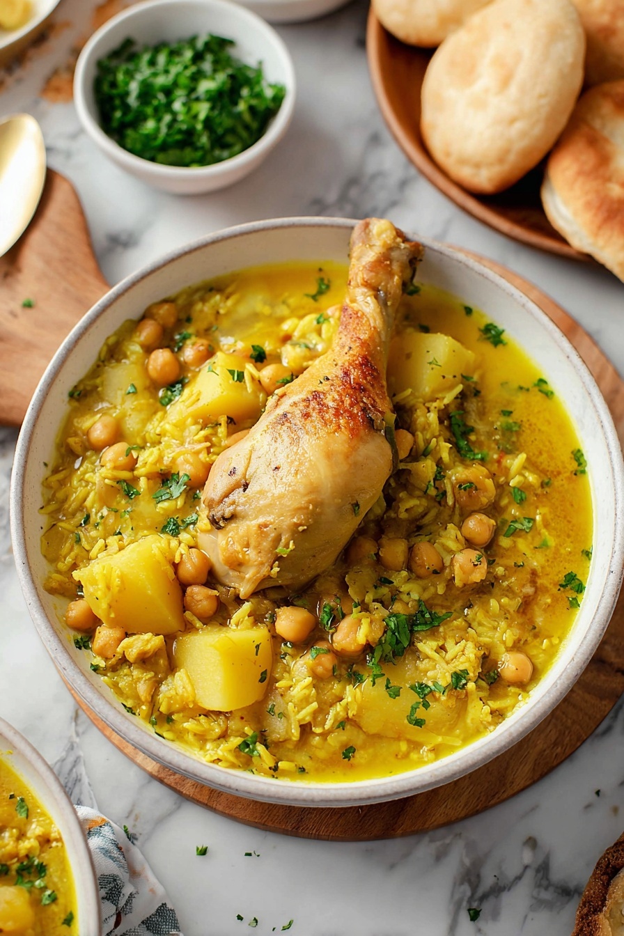 The images show a four-step cooking process in a pot with wooden handles on a white marbled surface. Step one shows raw pink chicken drumsticks in clear water inside the pot. Step two shows the pot now filled with a milky liquid with yellow spices and brown powders layered on top. Step three shows the pot filled with the same yellow liquid mixed with pale yellow cubes, light brown chickpeas, and brown rice on one side. Step four shows the finished dish with cooked chicken drumsticks, yellow sauce, pale yellow pieces, scattered chickpeas, and fresh green chopped herbs sprinkled on top all over the surface of the pot. Photo taken with an iphone --ar 2:3 --v 7
