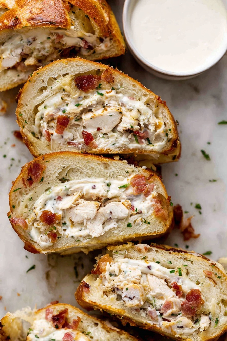 A rectangle piece of dough is placed on a baking tray lined with parchment paper, set on a white marbled surface. On the dough, there are three layers positioned horizontally in the middle: the bottom layer is shredded cheese with a pale yellow color; the middle layer is shredded white meat; the top layer is small pieces of reddish-brown bacon sprinkled over the meat. A thick white sauce is spread over the bacon in uneven blobs, covering the central area of the toppings. Photo taken with an iphone --ar 2:3 --v 7